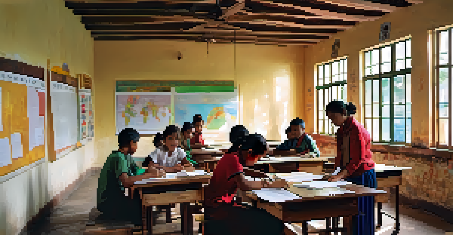 A volunteer teaching English to local students in a colorful classroom filled with educational materials.
