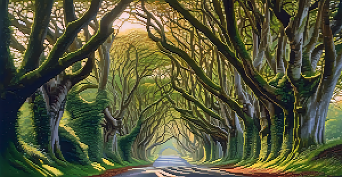 A scenic view of the Dark Hedges, featuring ancient beech trees arching over a road with sunlight filtering through the leaves.