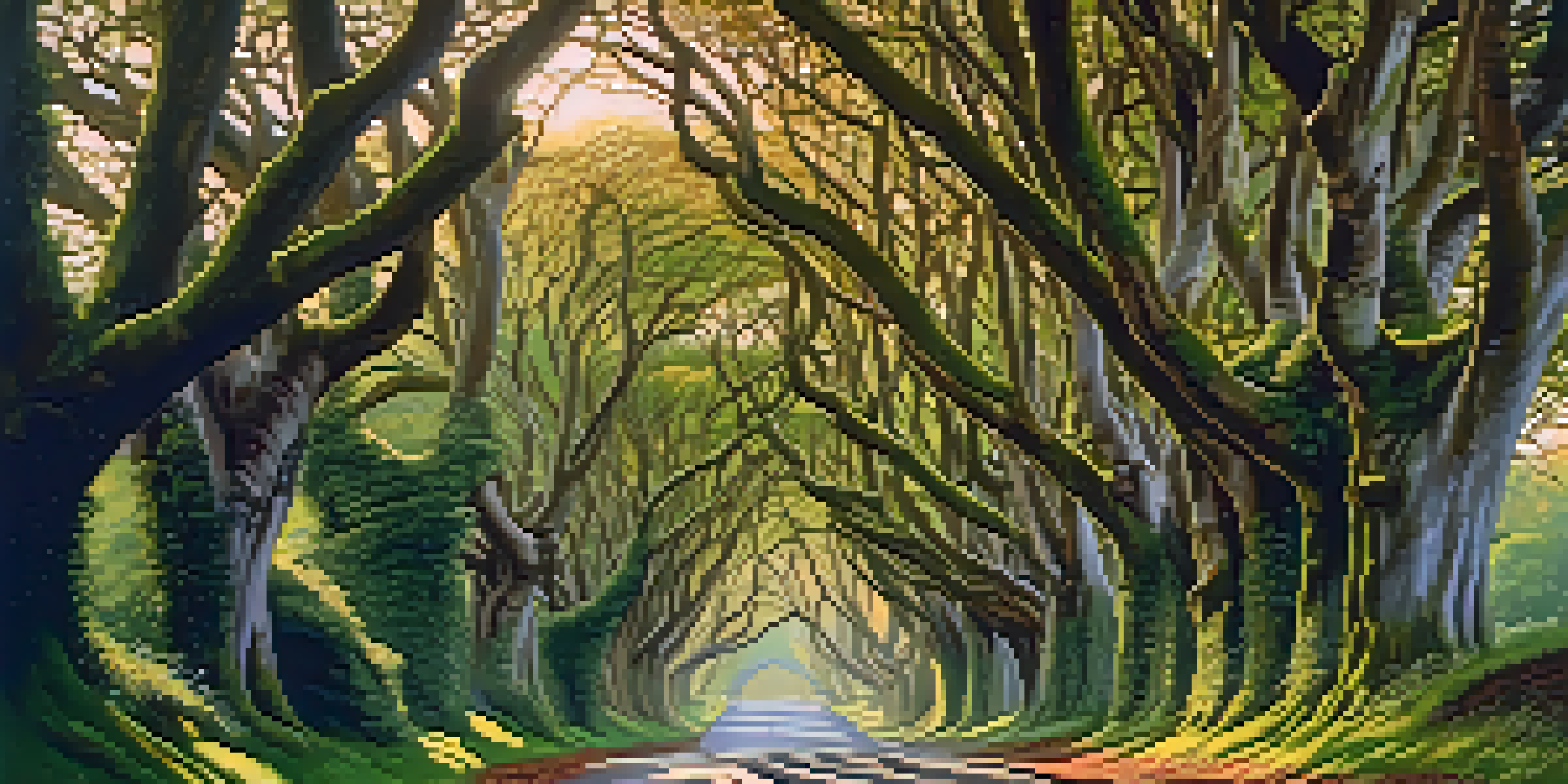 A scenic view of the Dark Hedges, featuring ancient beech trees arching over a road with sunlight filtering through the leaves.