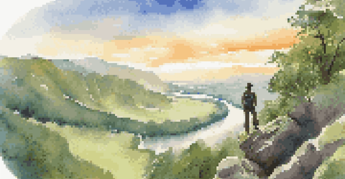 A hiker on a rocky outcrop gazing over a green valley and a winding river during sunset.