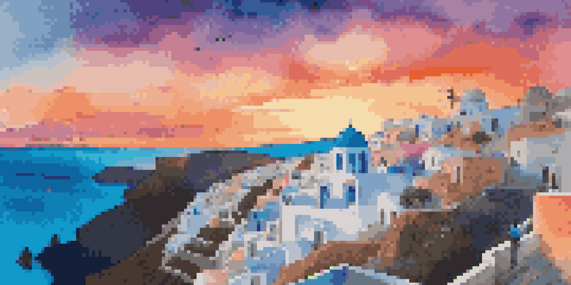 A stunning sunset view over Santorini, with colorful skies and traditional white buildings.