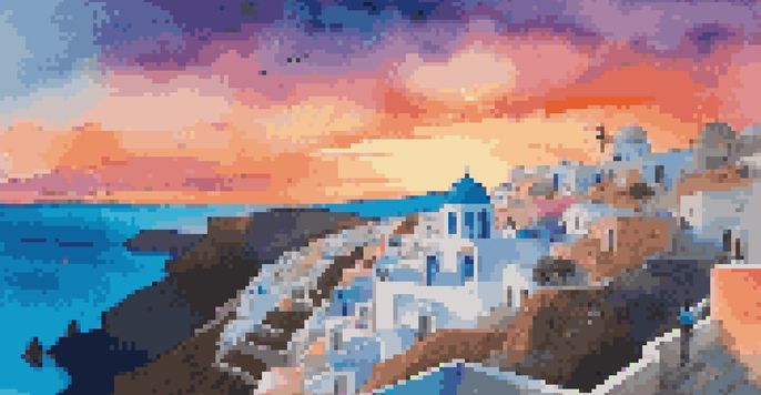 A stunning sunset view over Santorini, with colorful skies and traditional white buildings.