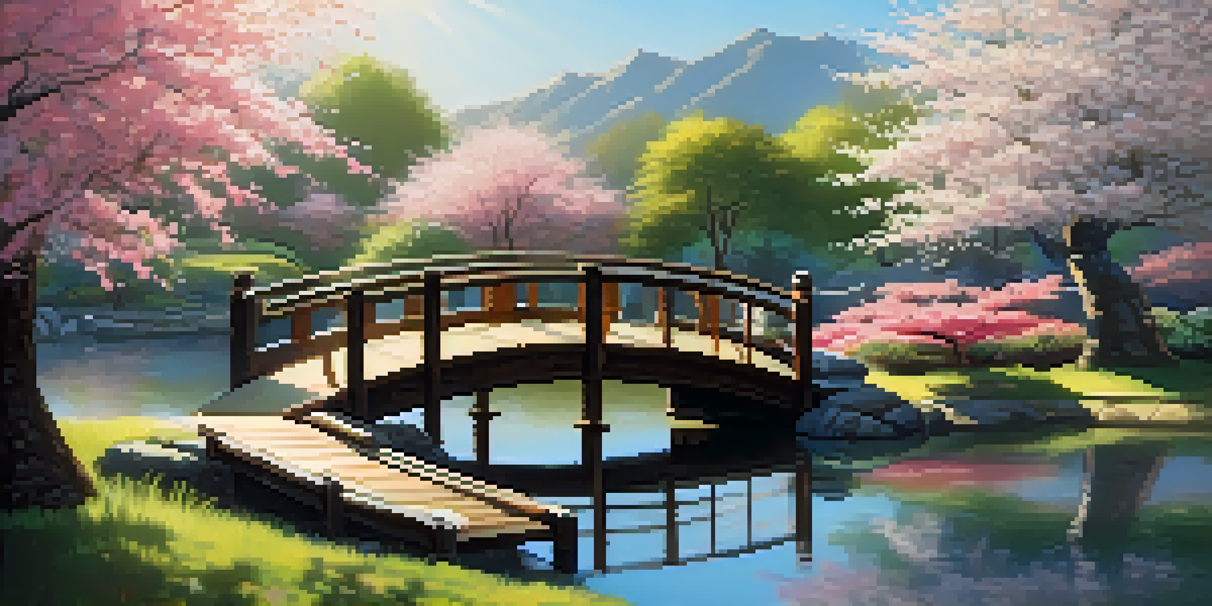 A peaceful Japanese garden with a wooden bridge over a koi pond, cherry blossom trees, and dappled sunlight.