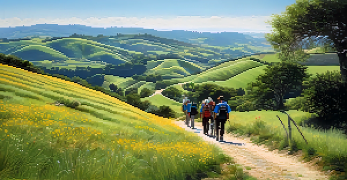 Pilgrims walking on the Camino de Santiago path surrounded by green hills and wildflowers under a blue sky.