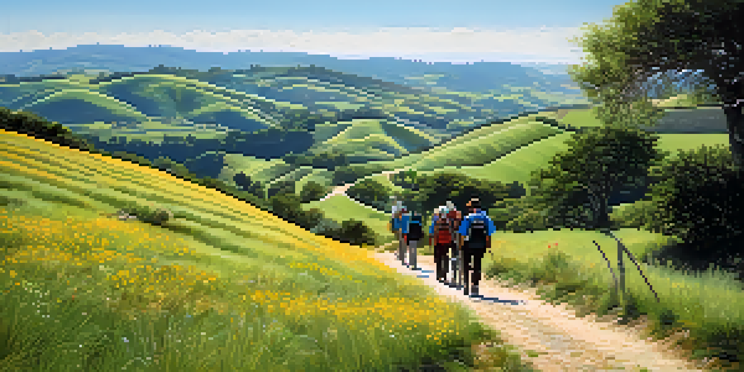 Pilgrims walking on the Camino de Santiago path surrounded by green hills and wildflowers under a blue sky.