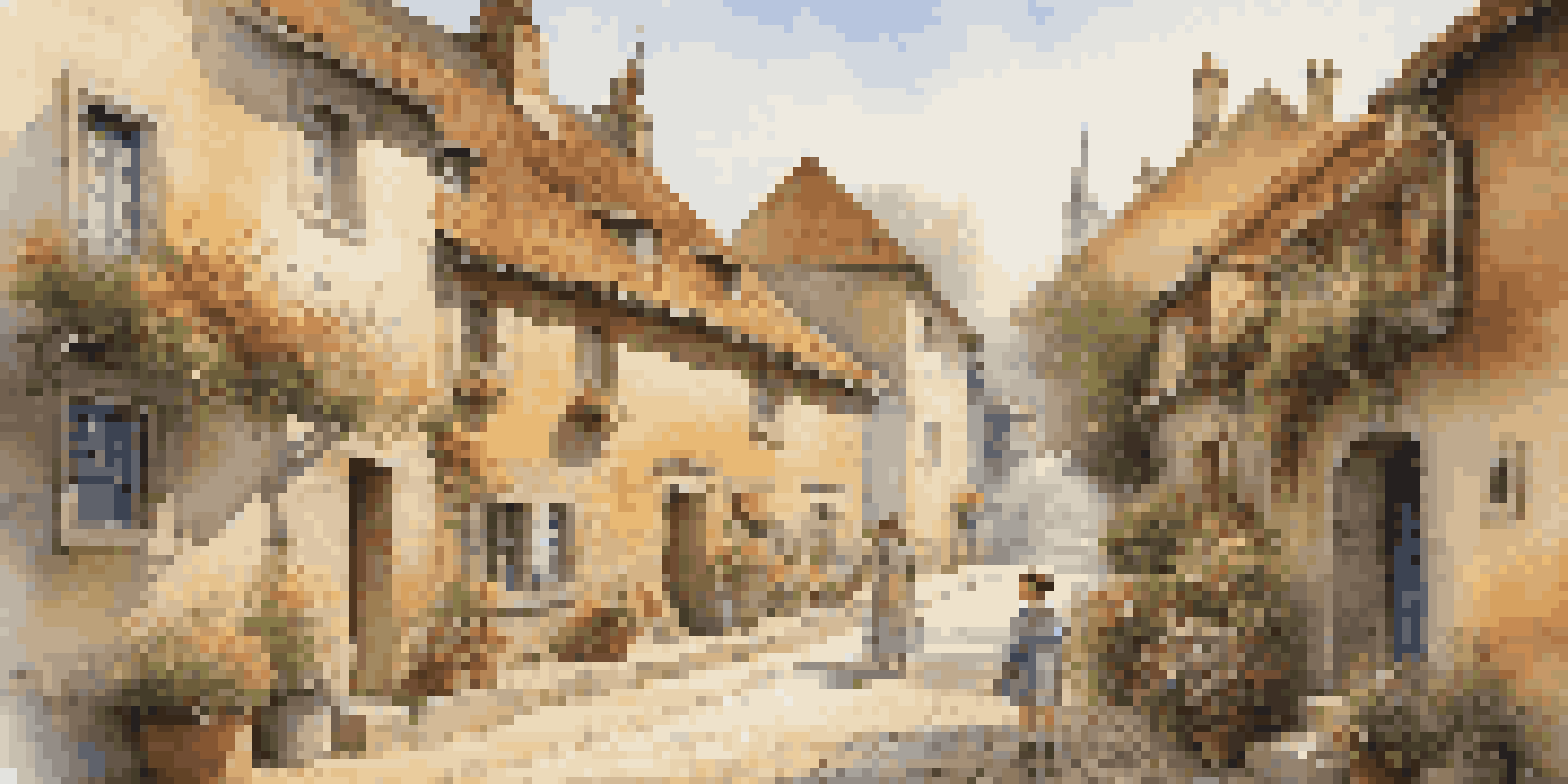 A quaint village with cobblestone streets and rustic houses, illuminated by warm sunlight, with a family exploring the area.