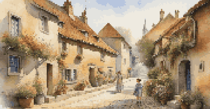 A quaint village with cobblestone streets and rustic houses, illuminated by warm sunlight, with a family exploring the area.
