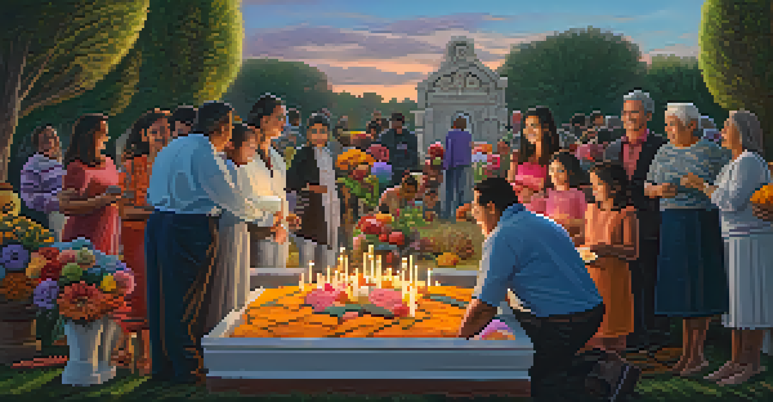 A family gathering at a cemetery for Día de los Muertos, decorating graves with flowers and sharing stories in a heartfelt atmosphere.