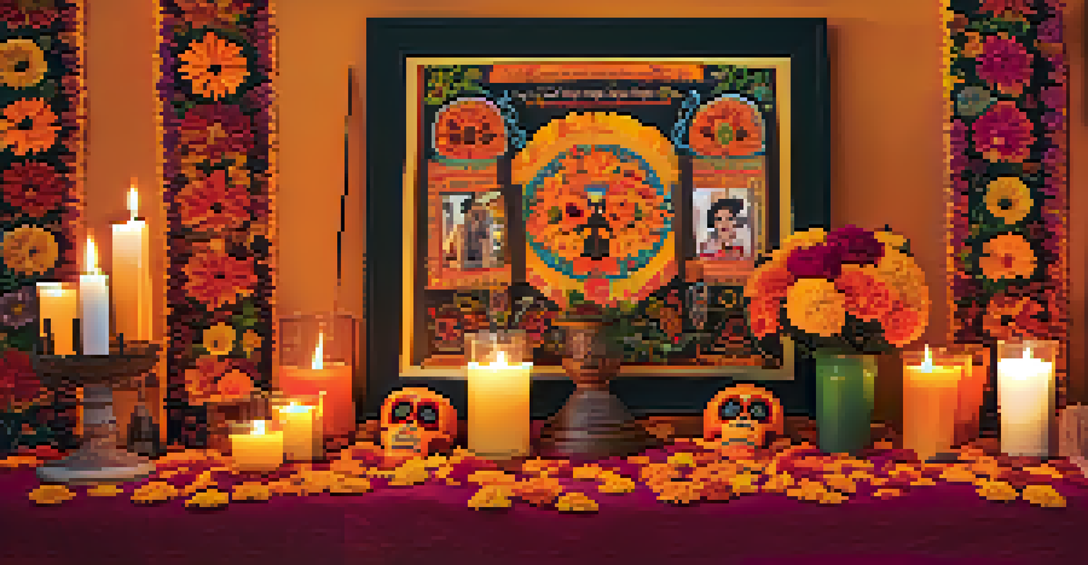 A beautifully decorated altar for Dia de los Muertos, featuring marigold flowers and photographs of deceased loved ones.