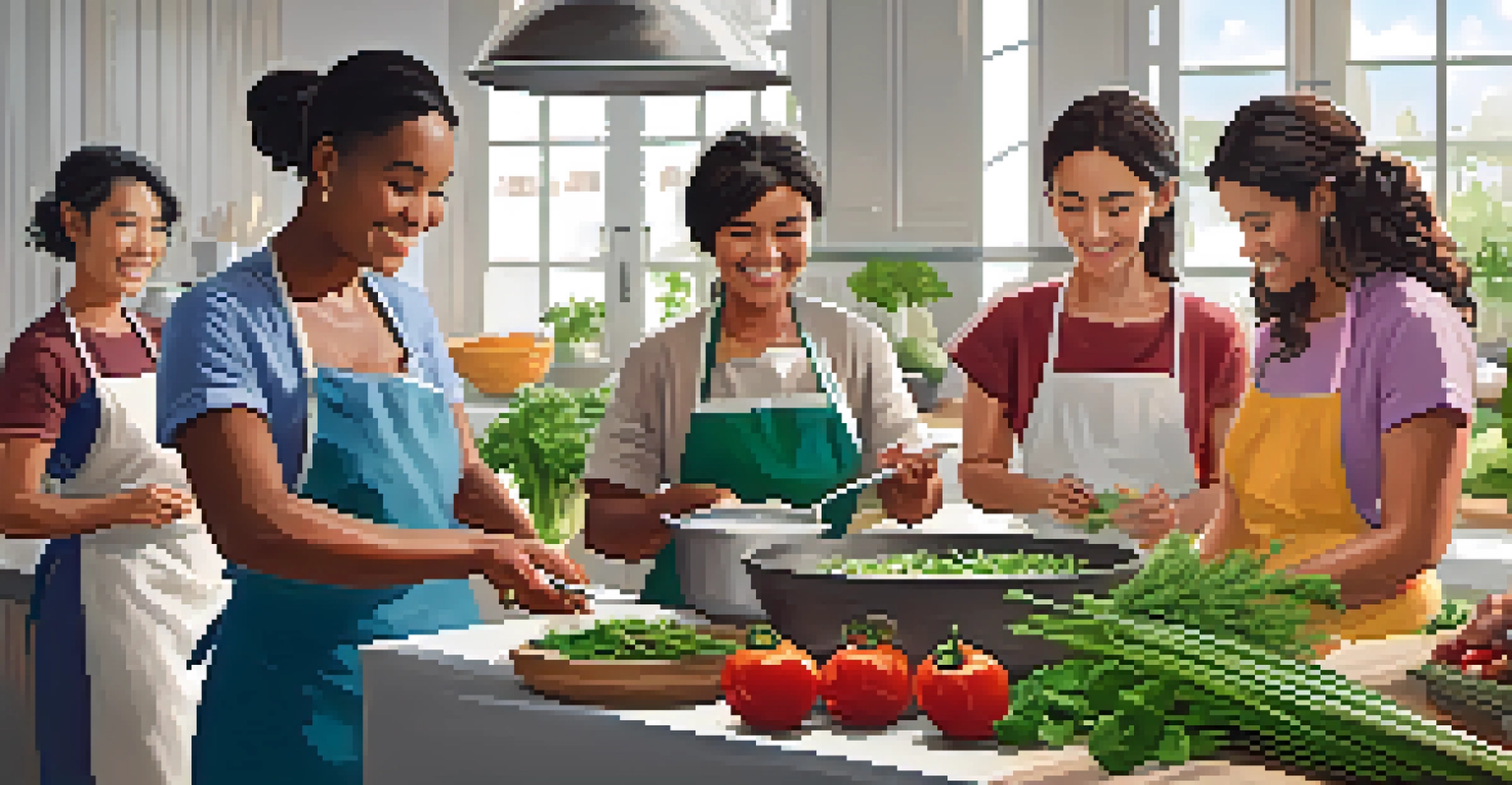 Participants in a cooking class learning to prepare a traditional dish with local ingredients in a bright kitchen.