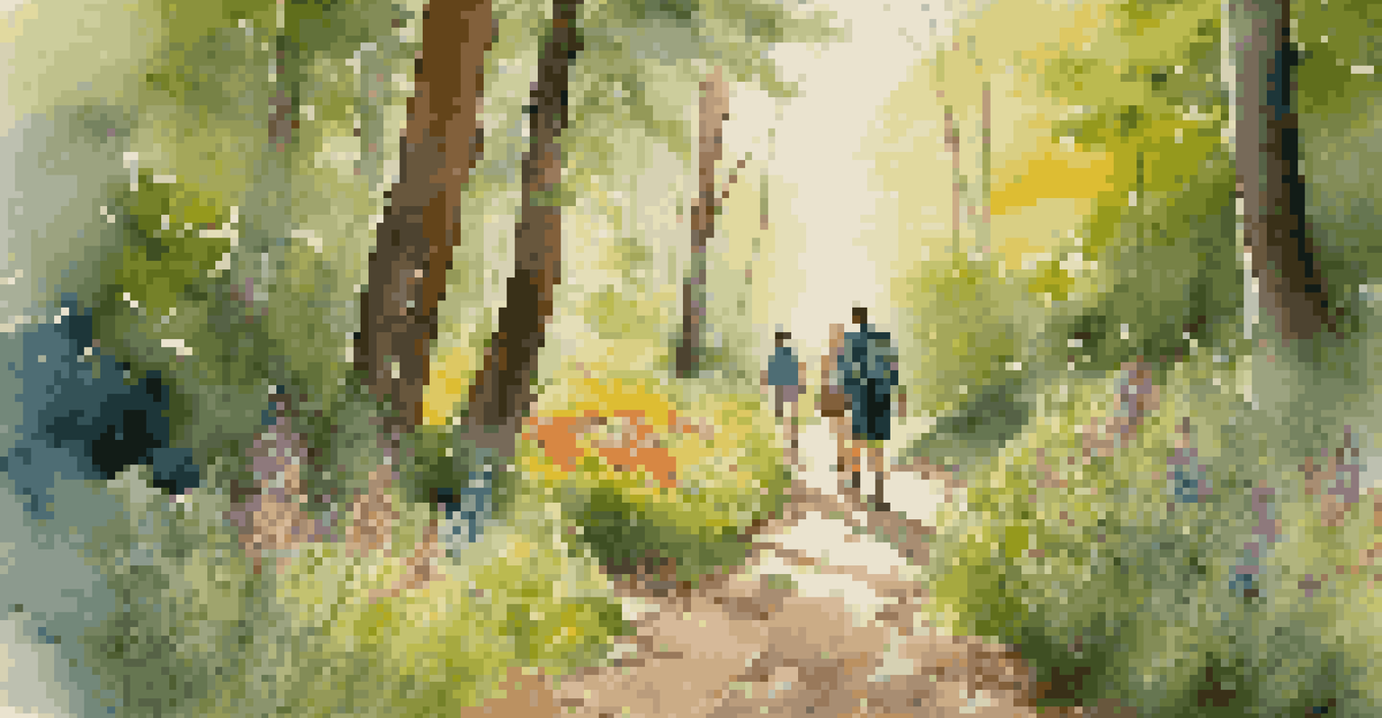 A family hiking on a lush trail with vibrant wildflowers and sunlight filtering through the trees.