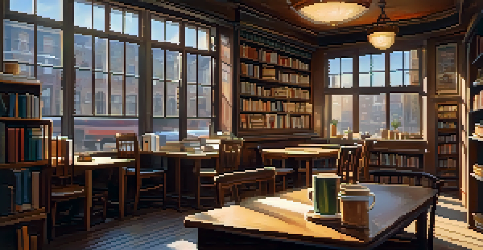 An inviting coffee shop with wooden furniture and a cup of coffee on a table next to a book.