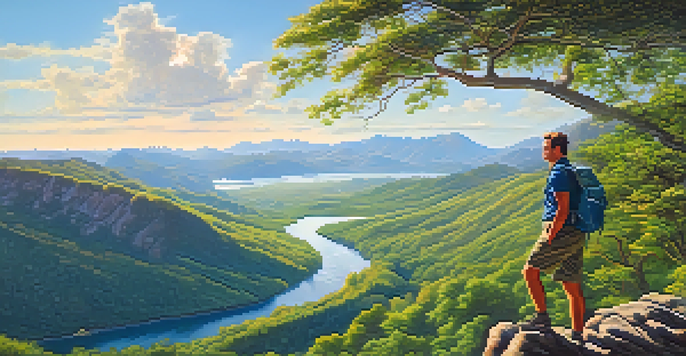 A hiker on a rocky ledge in a mountain landscape, overlooking a green valley and river under a clear sky.
