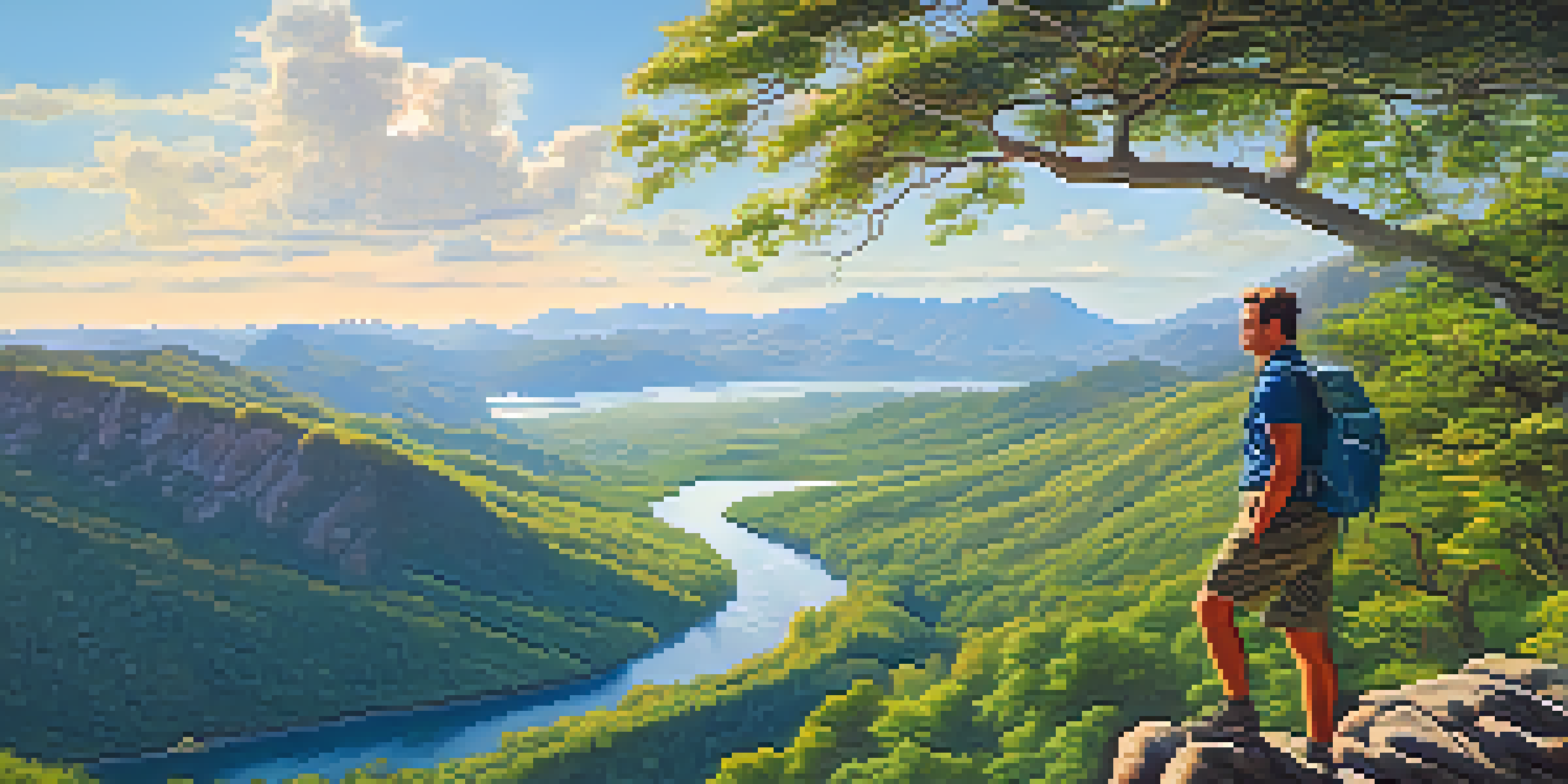 A hiker on a rocky ledge in a mountain landscape, overlooking a green valley and river under a clear sky.