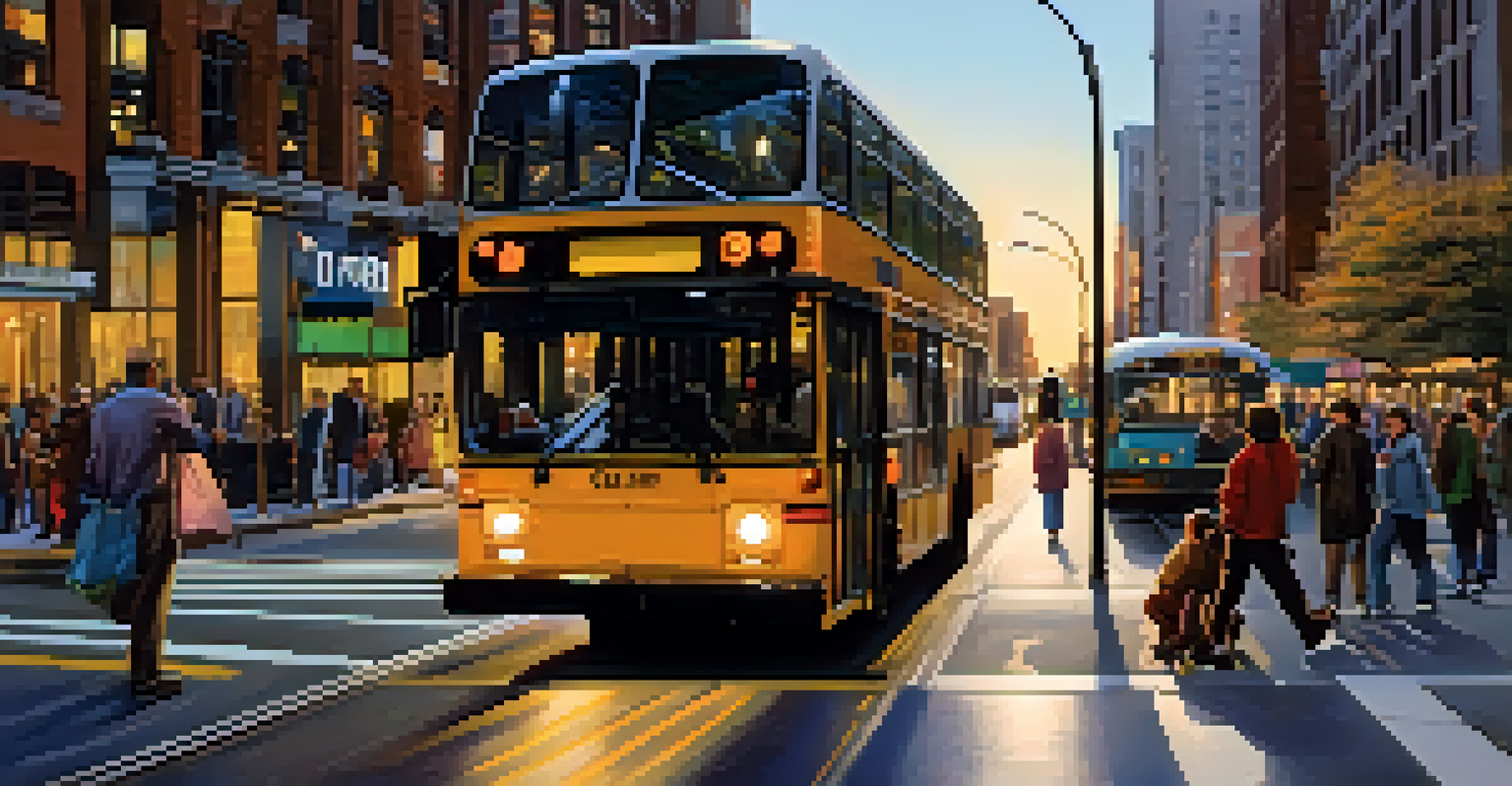 A city street with accessible public transportation, featuring a low-floor bus and travelers boarding, amidst well-maintained sidewalks and clear signage.