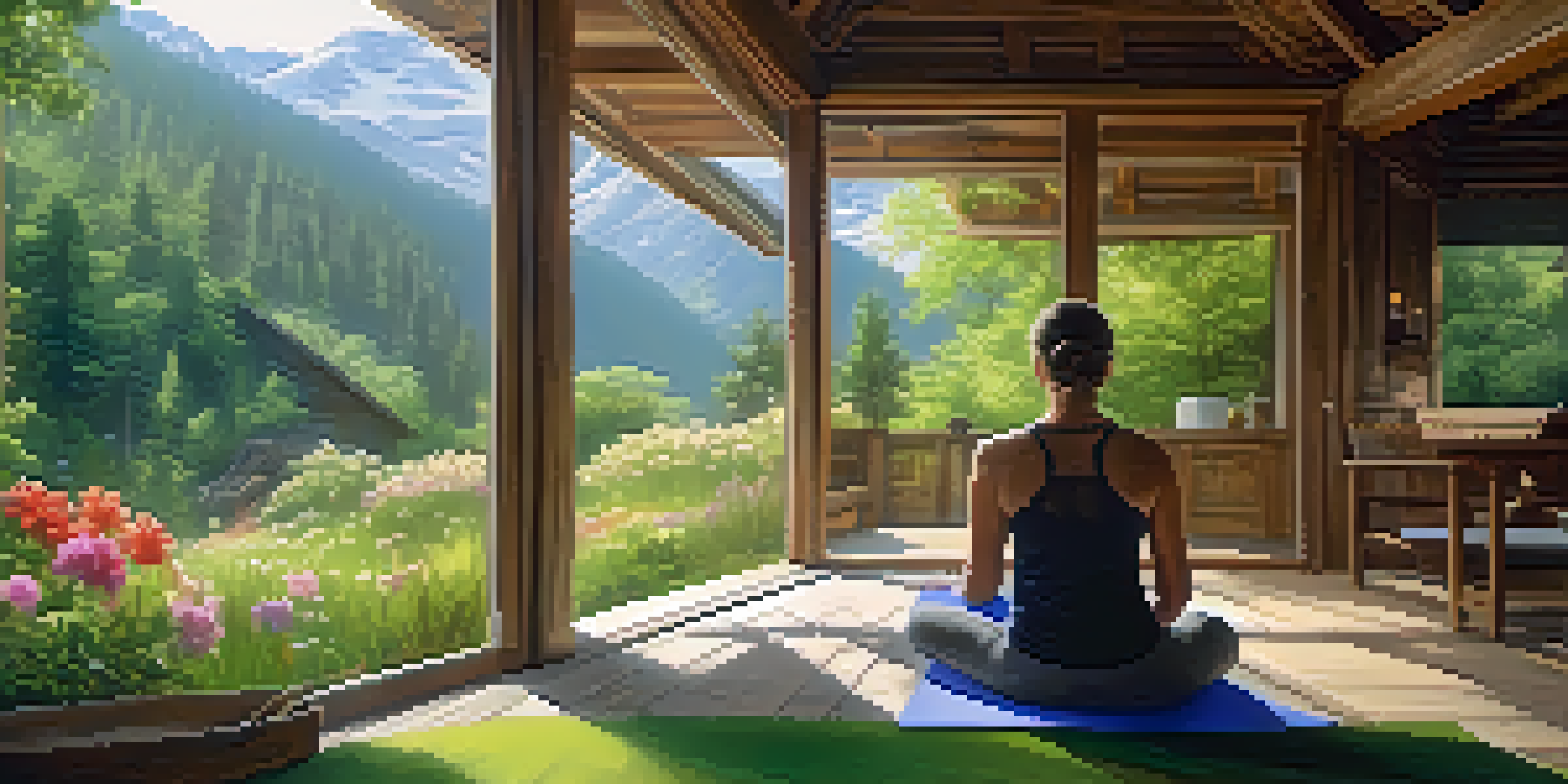 A peaceful meditation retreat in the mountains with a person meditating in front of a wooden cabin surrounded by wildflowers.