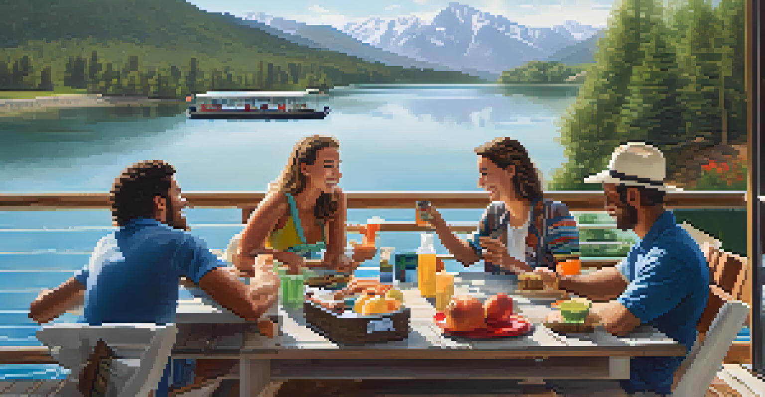 A group of friends enjoying snacks and playing cards on the deck of a houseboat with scenic views.