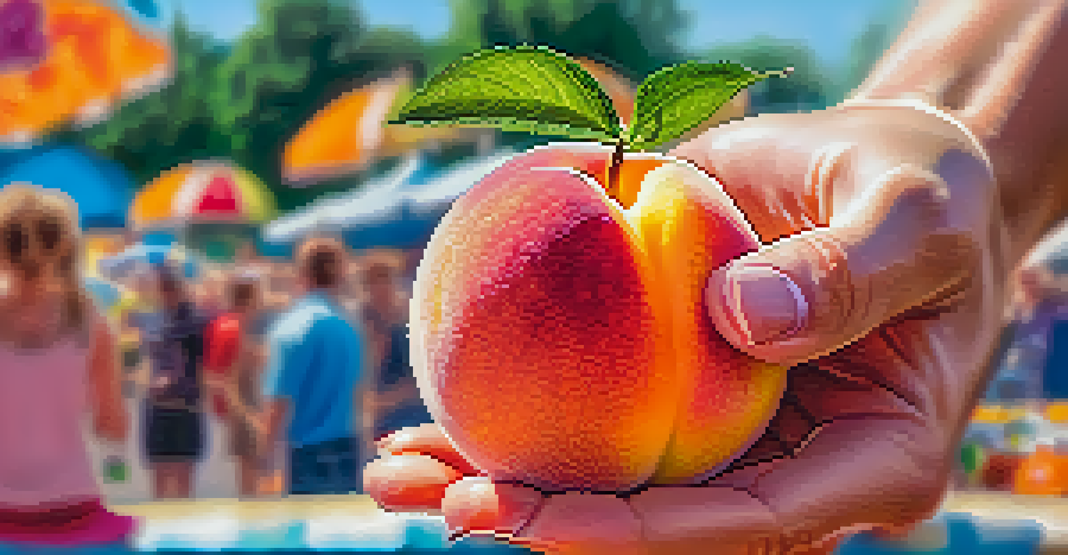 A close-up of a hand holding a fresh, dew-kissed peach at a summer fair, with blurred festival activities in the background.