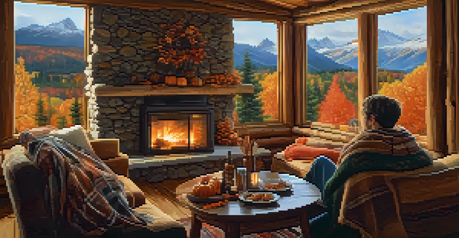 A couple by a fireplace in a cabin during autumn, wrapped in a blanket with hot cider, surrounded by fall colors.