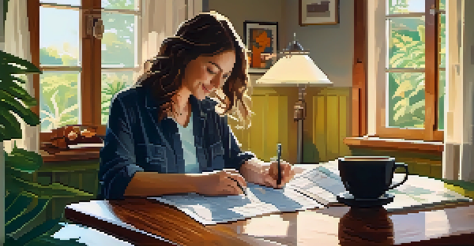 A person planning travel expenses at a wooden table with a laptop, maps, and a cup of coffee, illuminated by natural light.