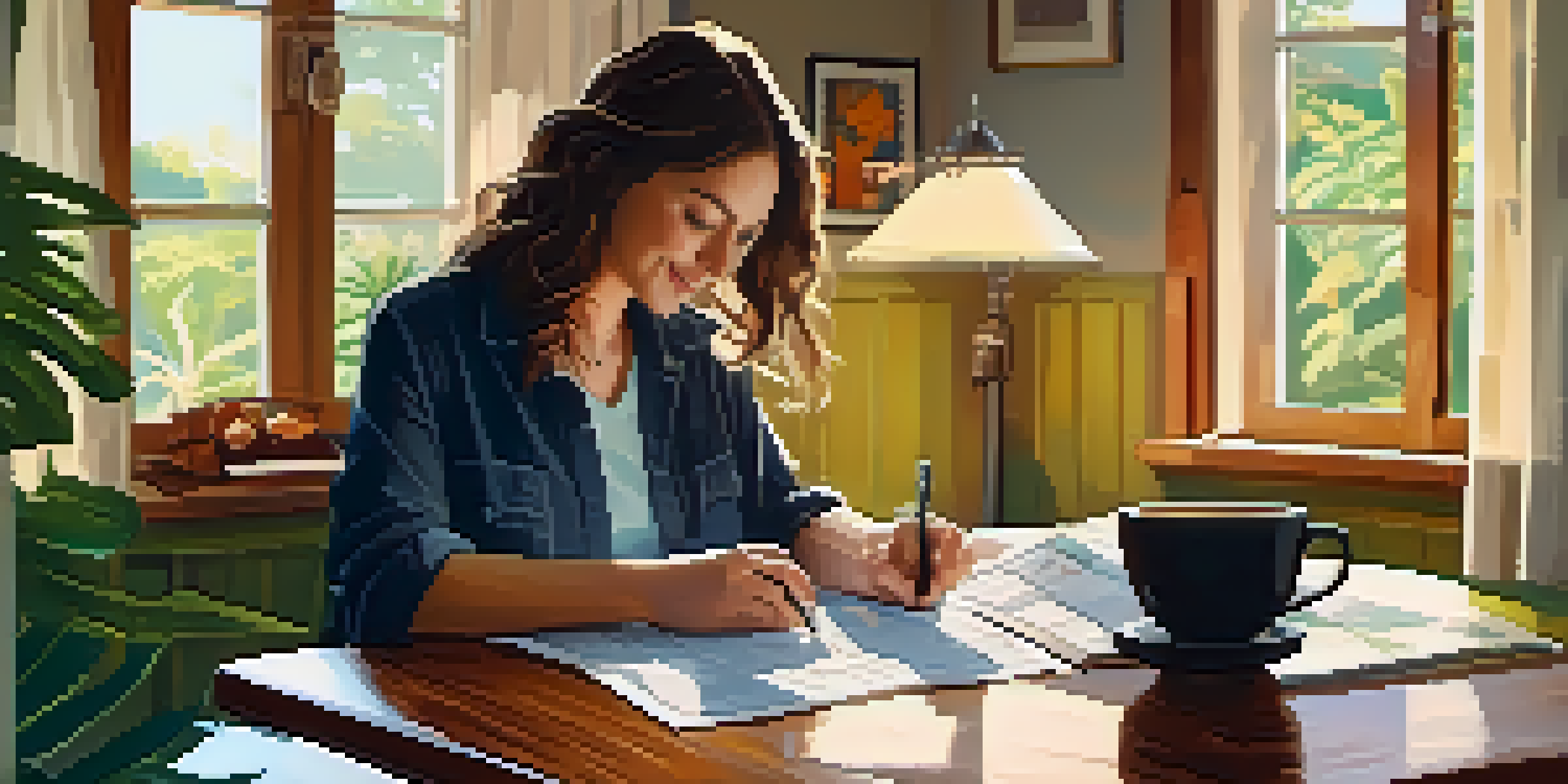 A person planning travel expenses at a wooden table with a laptop, maps, and a cup of coffee, illuminated by natural light.