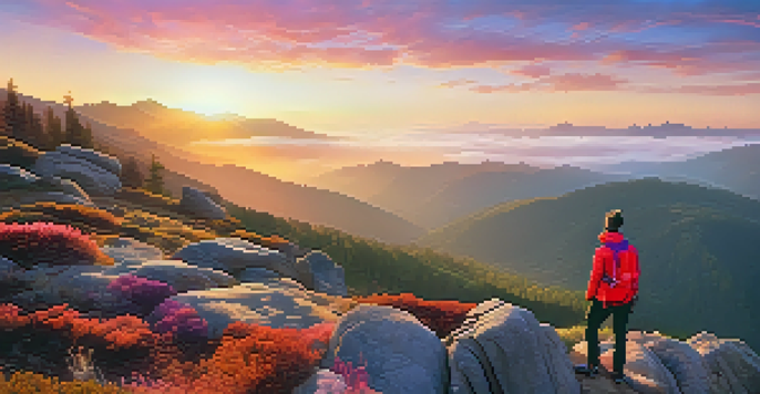 A hiker on a cliff at sunset, looking at a smartphone for weather alerts, surrounded by a colorful sky and mountains.