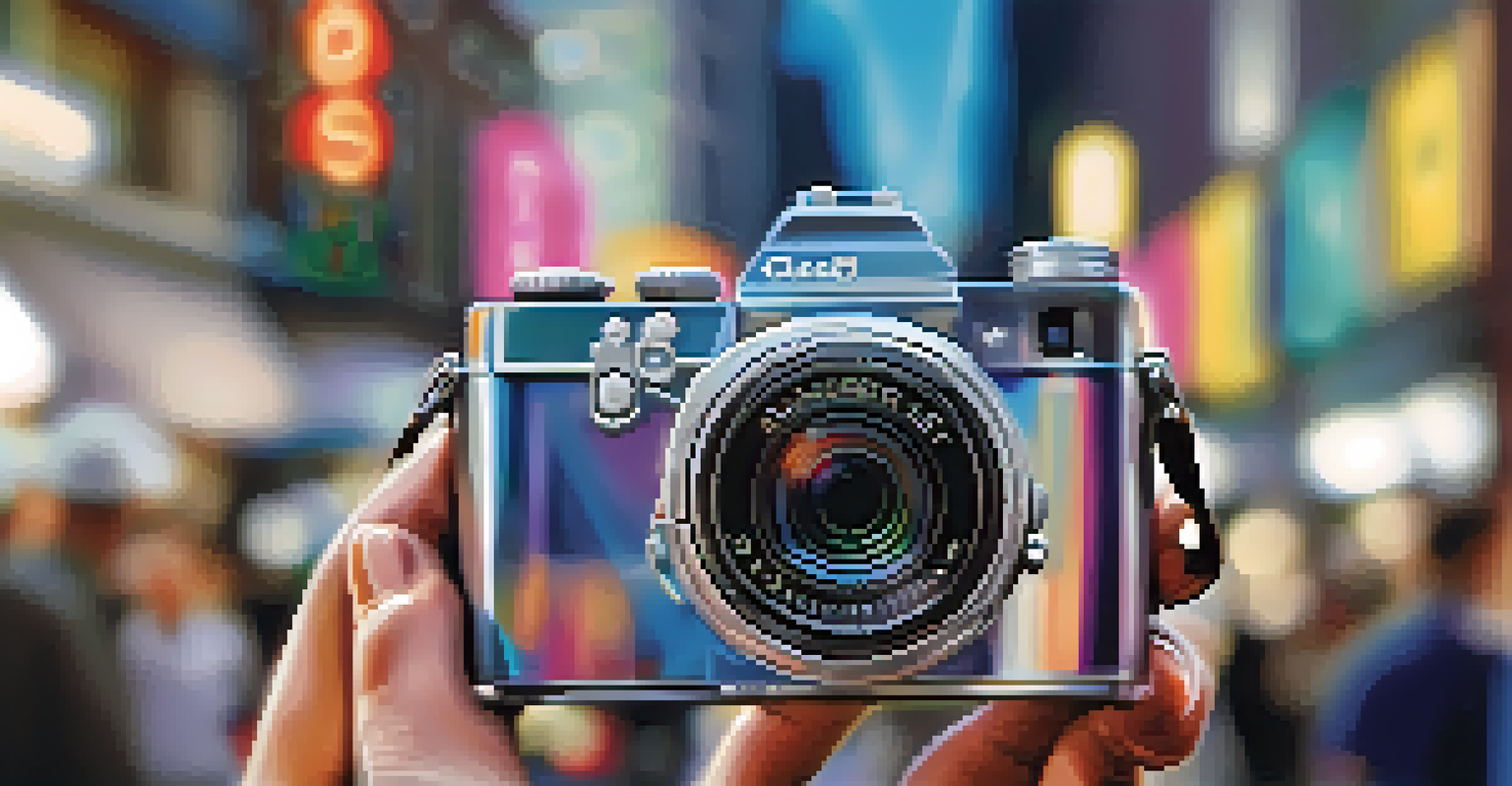 Close-up of hands holding a compact camera in front of a busy city street with colorful shops and people.
