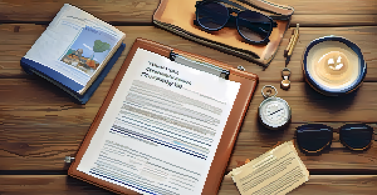 A close-up of a travel insurance policy on a table with reading glasses and a pen, accompanied by a globe and suitcase in the background.