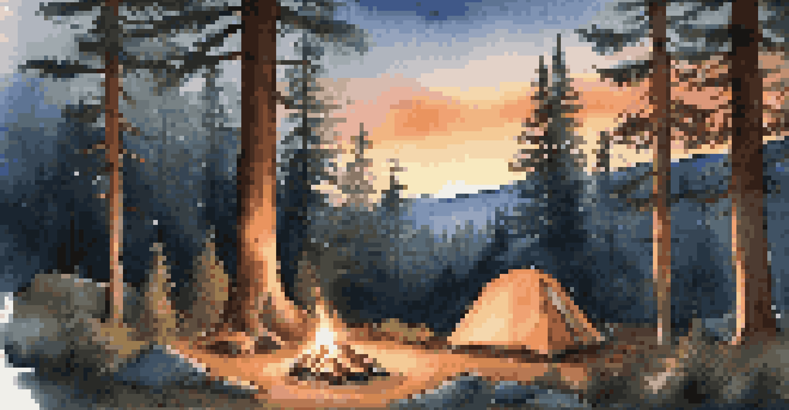 A cozy campsite in a national park with a tent and campfire, surrounded by tall pine trees under a starry twilight sky.