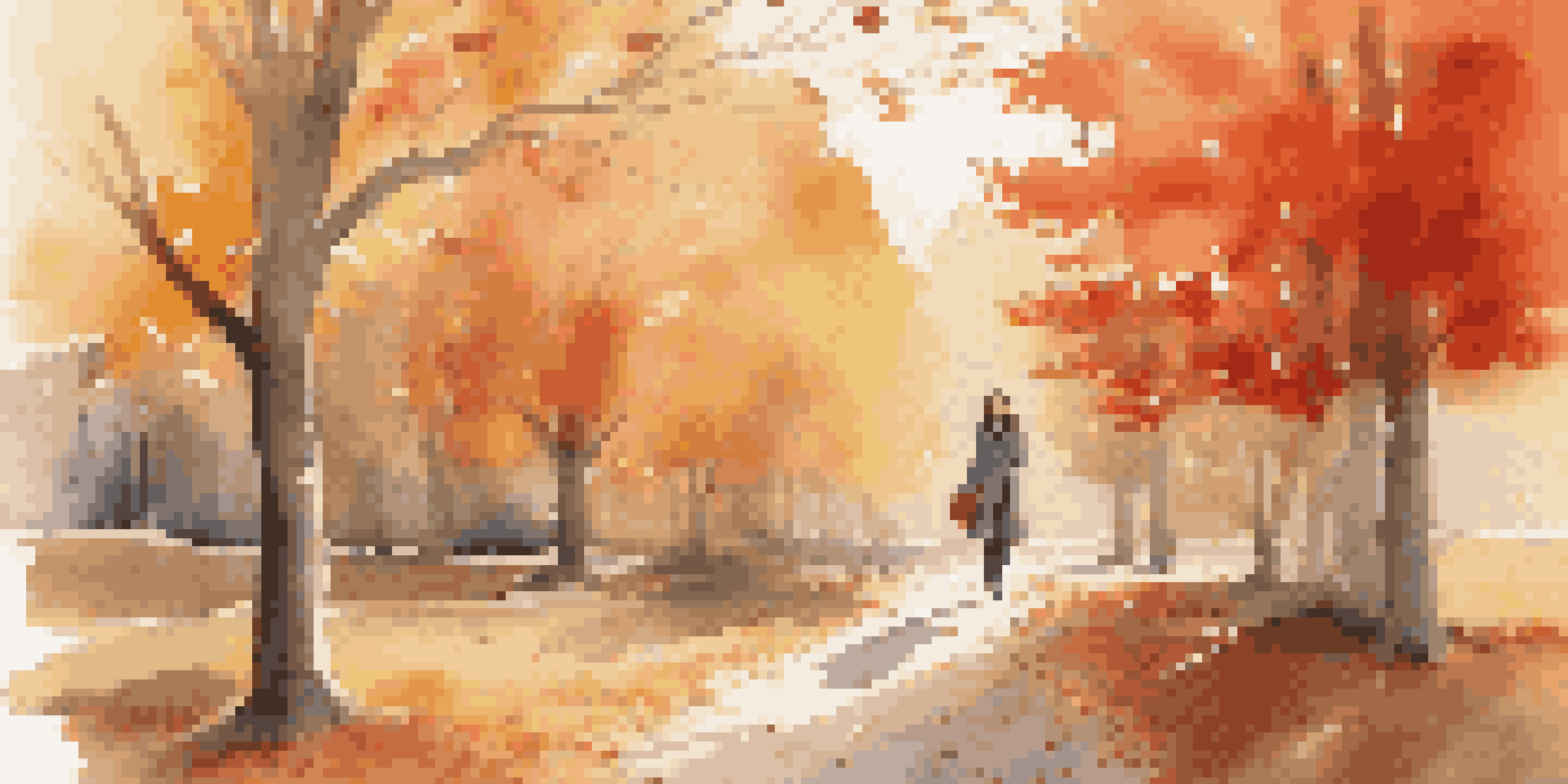 A model showcasing layered fall outfits against a backdrop of colorful autumn leaves.