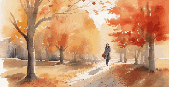 A model showcasing layered fall outfits against a backdrop of colorful autumn leaves.