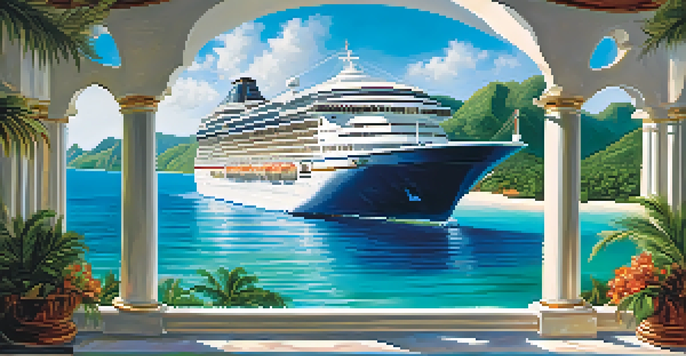 A luxurious cruise ship sailing through clear Caribbean waters with tropical islands in the background under bright sunlight.