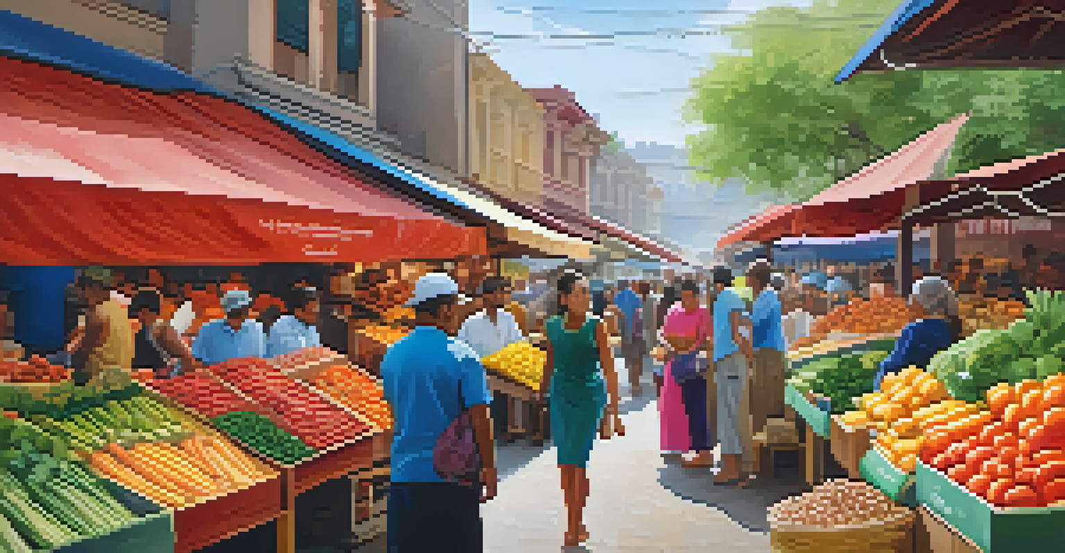 A lively local market filled with colorful stalls of fresh produce and spices, with shoppers engaging with vendors and exploring the vibrant atmosphere.