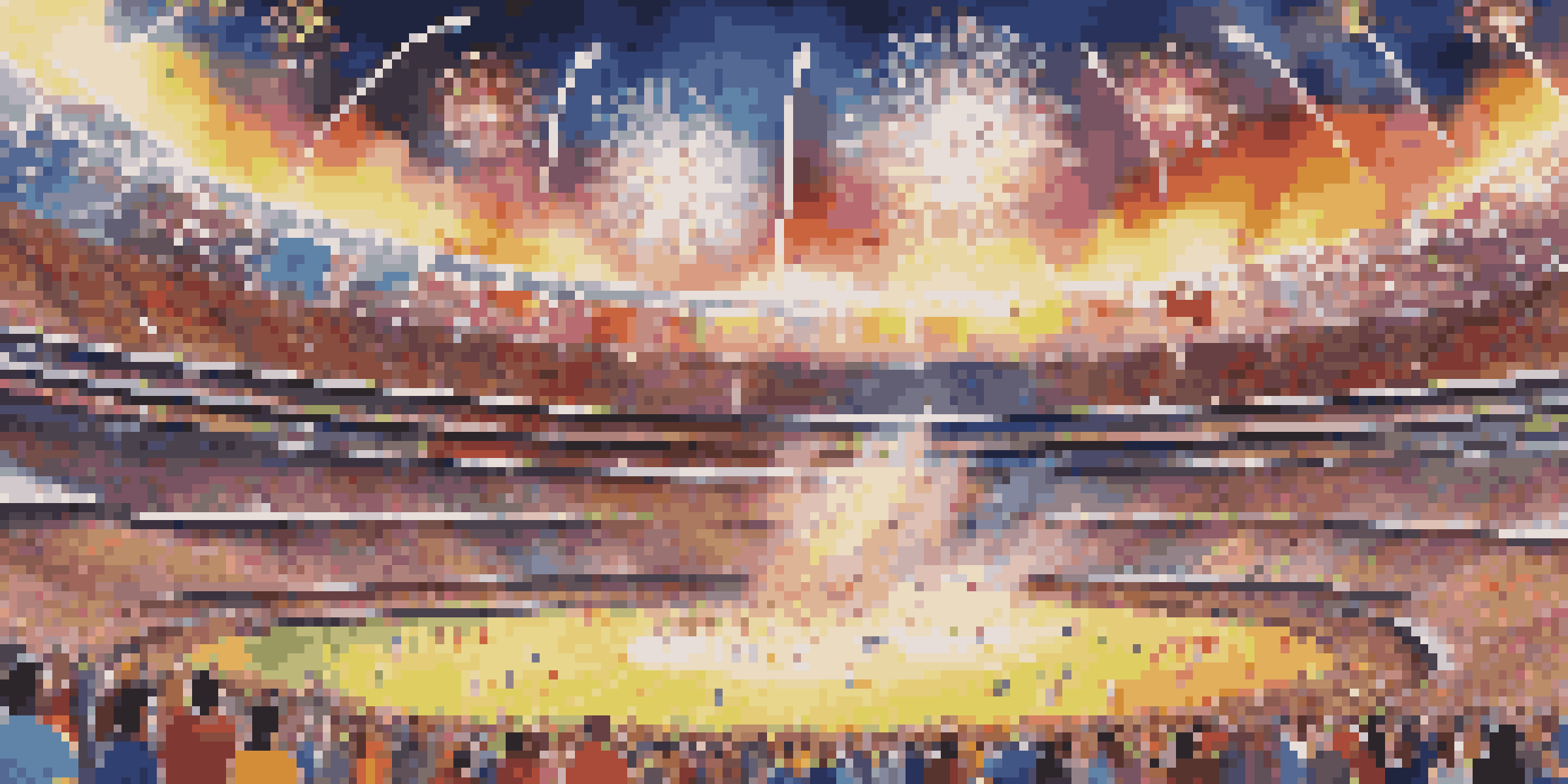 A colorful opening ceremony of the Summer Olympics with athletes in national attire and fireworks in the sky.