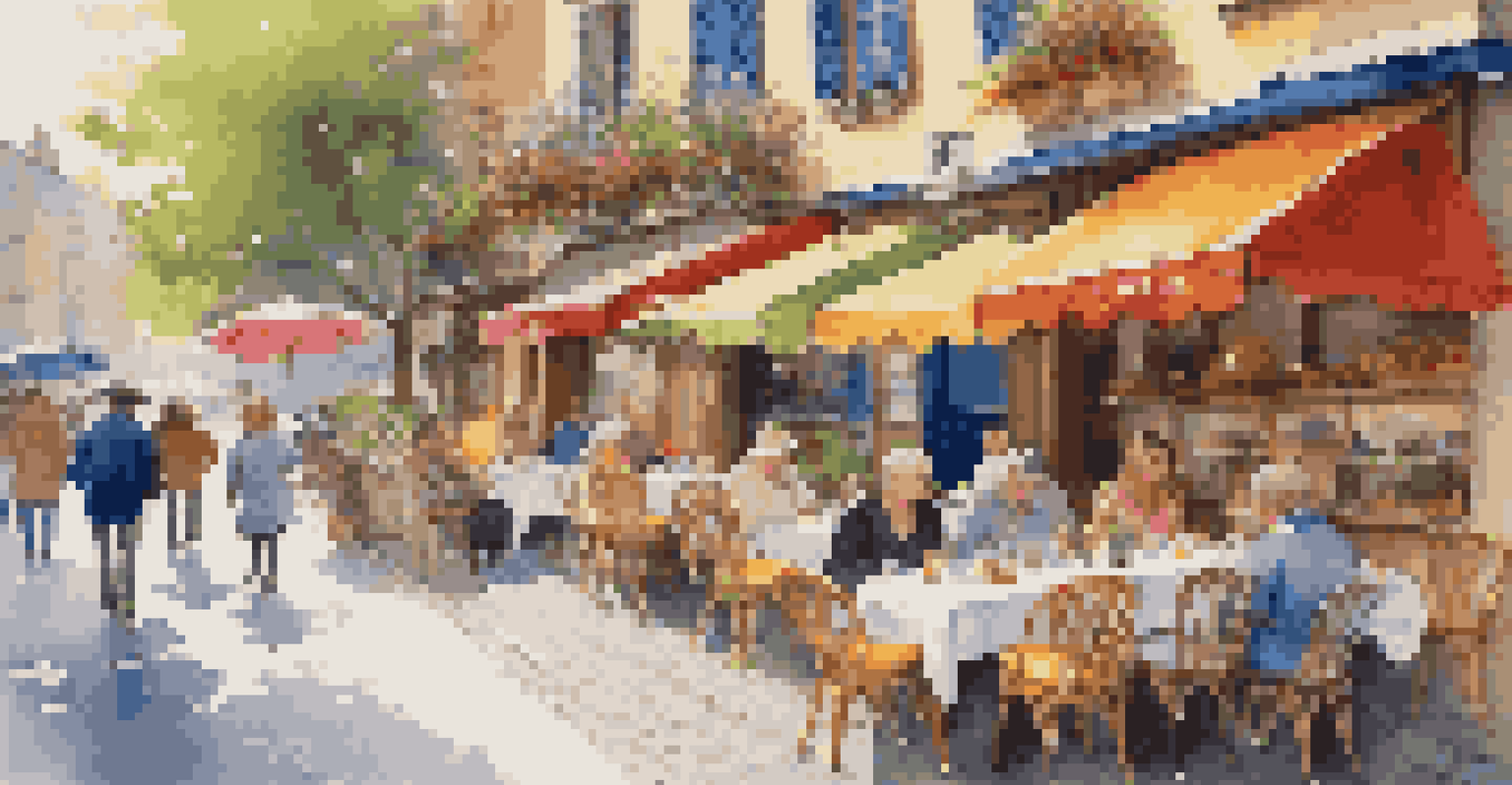 An outdoor café on a cobblestone street with colorful flowers, patrons at tables under umbrellas, an artist painting, and a street musician playing guitar.