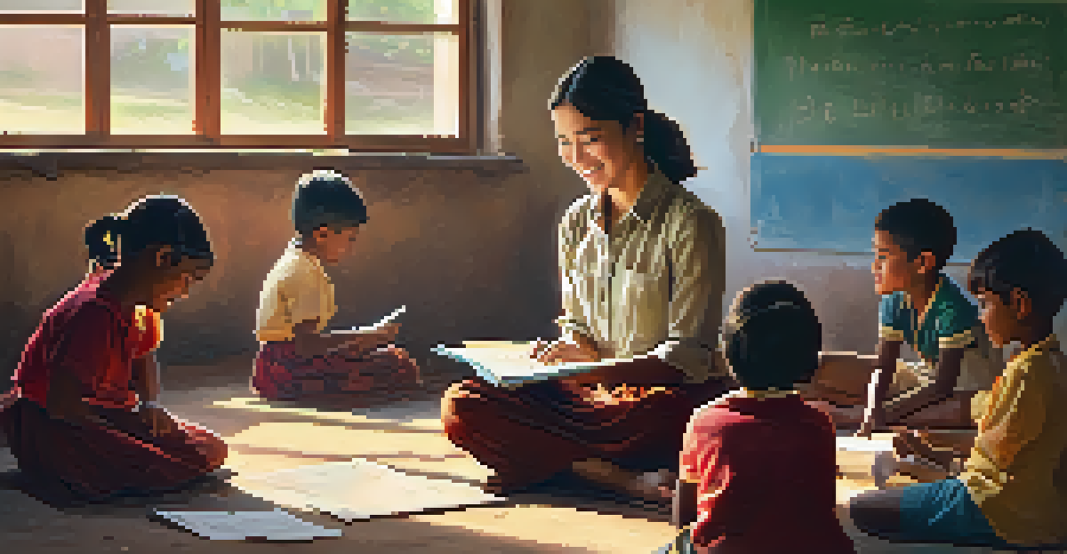 A volunteer teaching English to children in a colorful rural classroom, with a warm and engaging atmosphere.