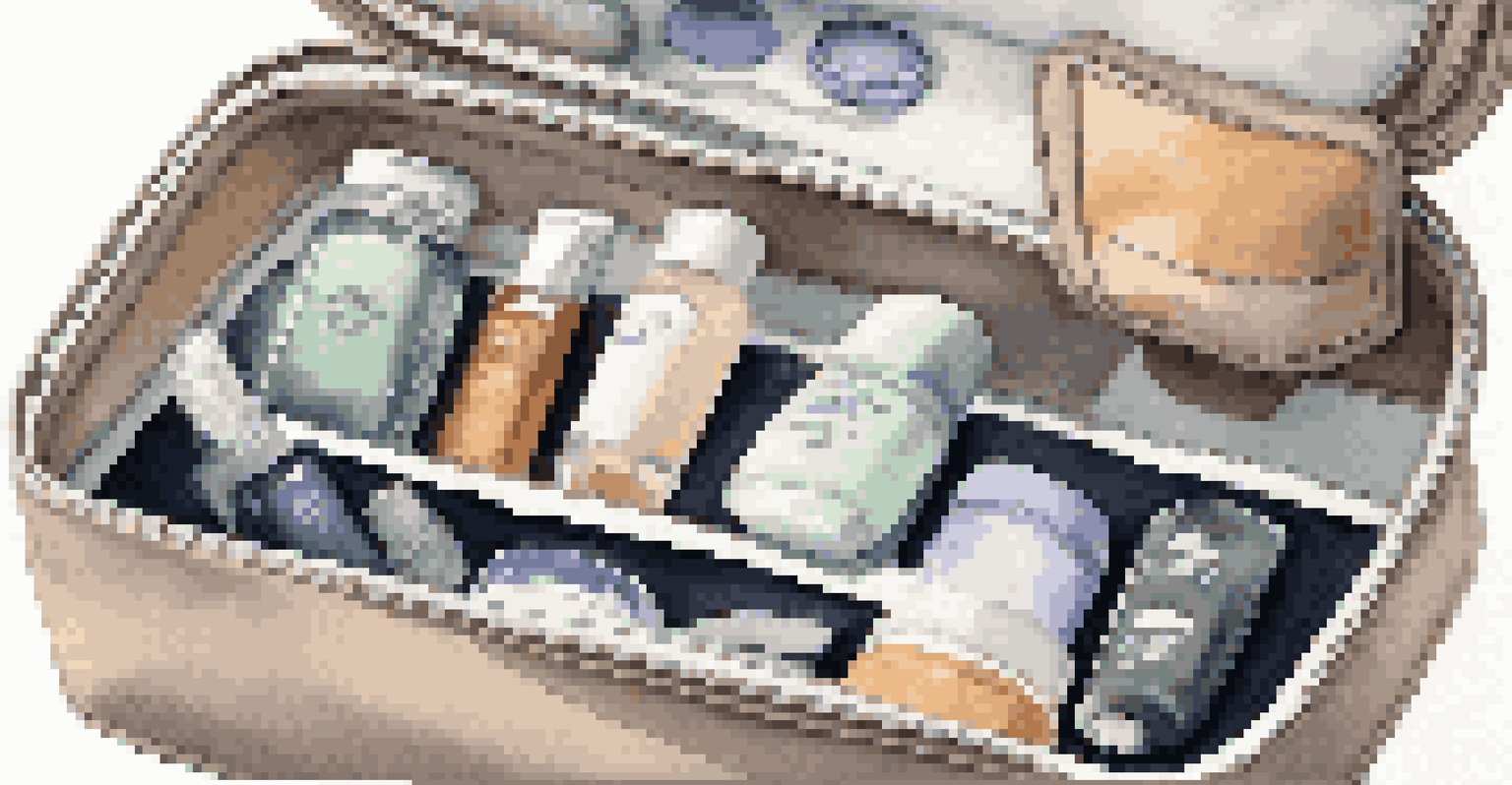A neatly organized open toiletry bag with travel-sized containers displayed on a bathroom counter, reflecting soft natural light.