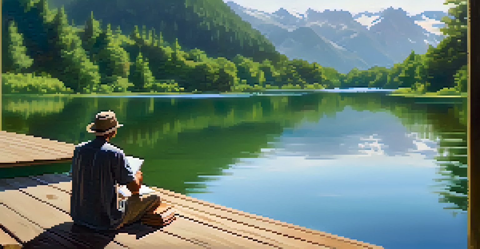A traveler journaling by a tranquil lake, surrounded by nature, reflecting on their experiences.
