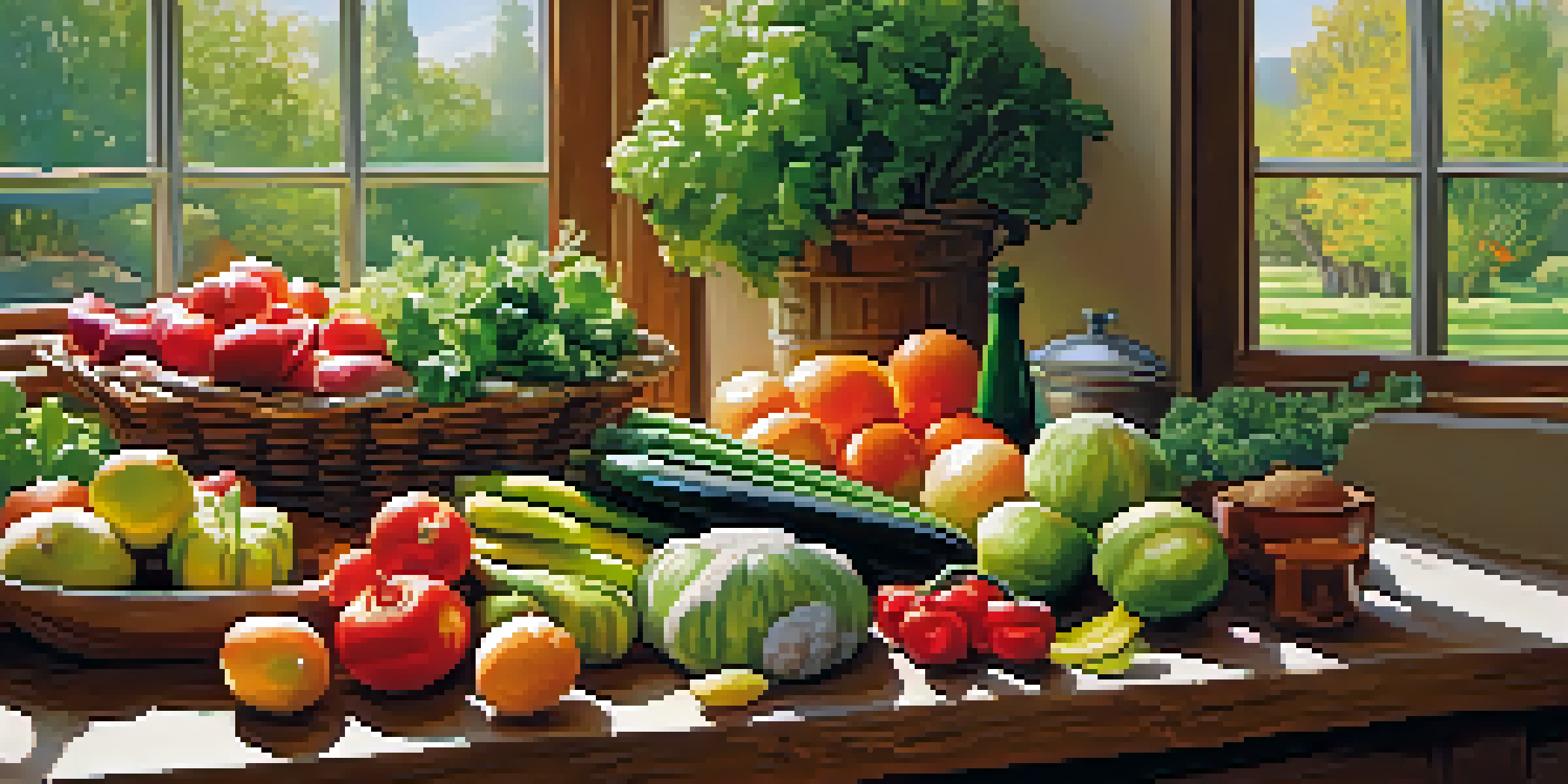 A rustic wooden table filled with colorful seasonal vegetables and fruits, illuminated by natural sunlight with a lush garden in the background.