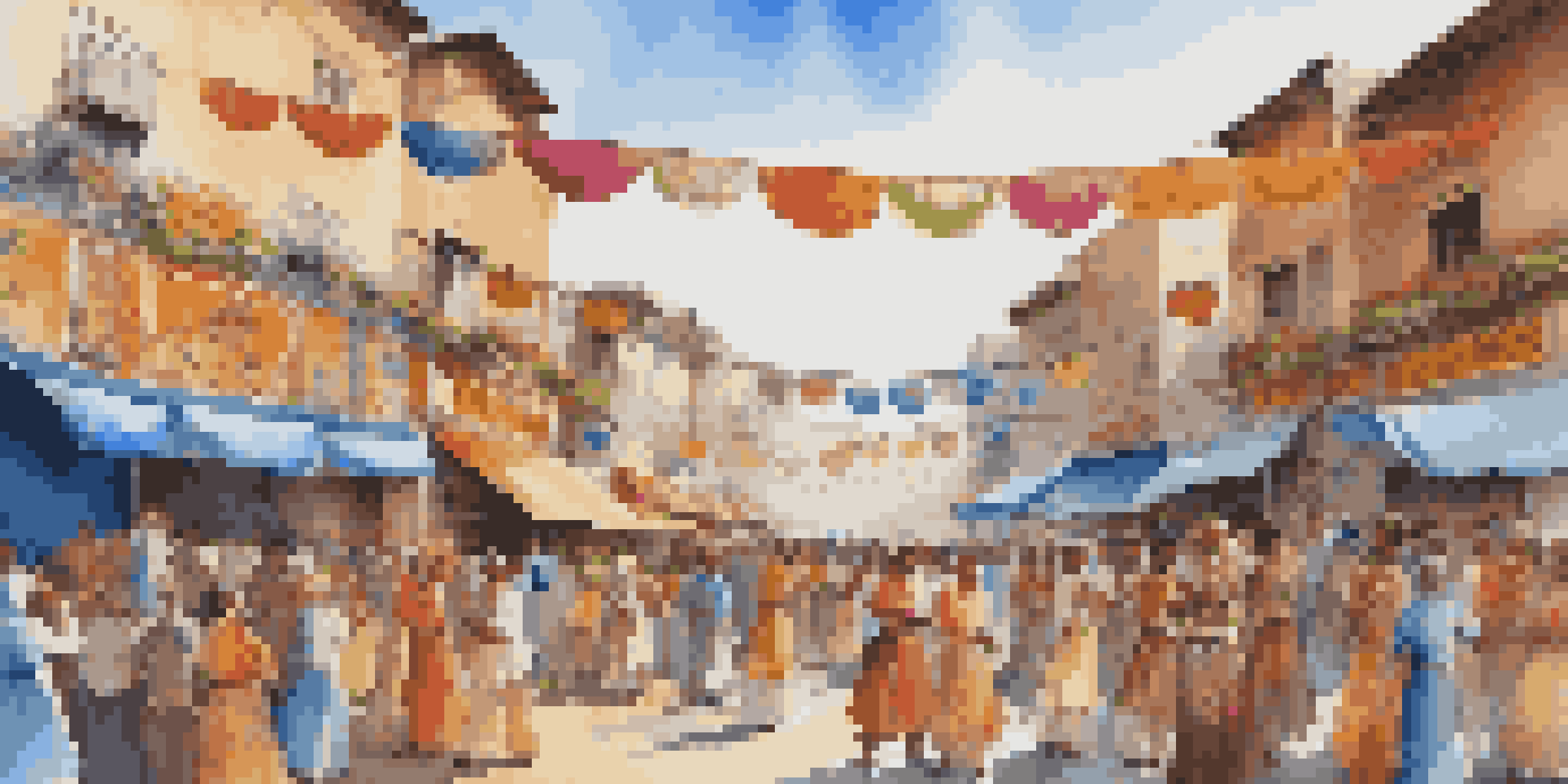 A lively street festival with colorful decorations, musicians, dancers in traditional clothing, and food stalls, under a bright blue sky.