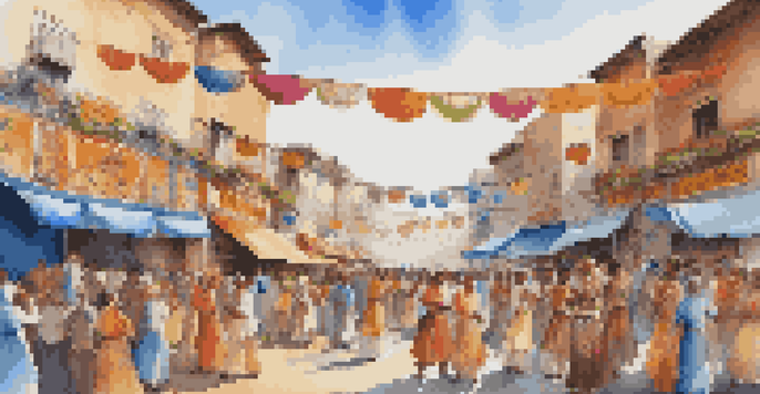 A lively street festival with colorful decorations, musicians, dancers in traditional clothing, and food stalls, under a bright blue sky.