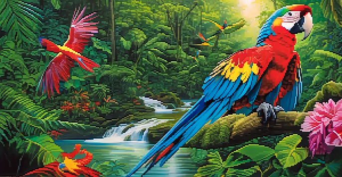 A colorful macaw flying over a dense green rainforest with sunlight streaming through the leaves.