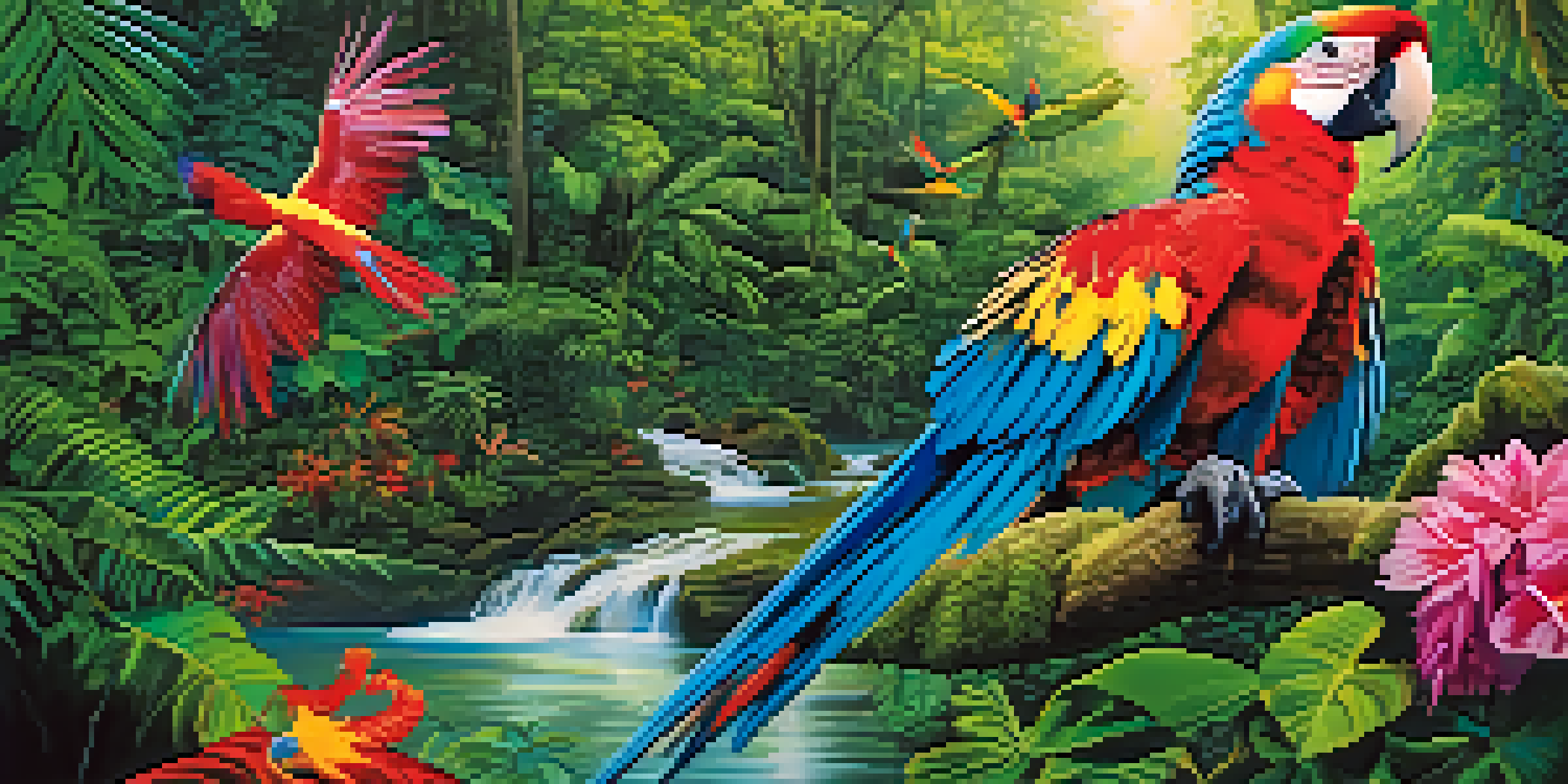 A colorful macaw flying over a dense green rainforest with sunlight streaming through the leaves.