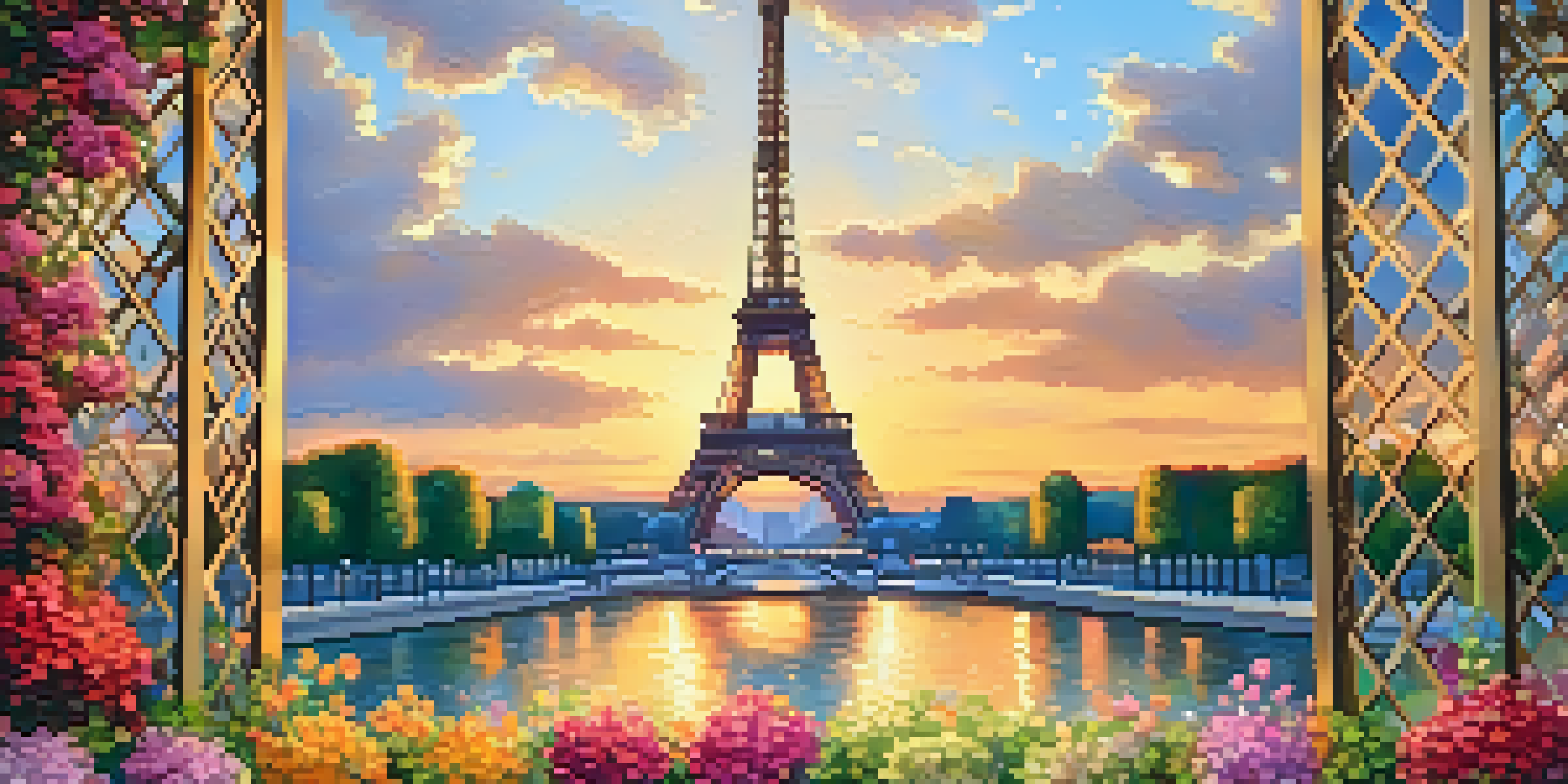 A sunset view of the Eiffel Tower framed by colorful flowers, showcasing the intricate details of the tower and the vibrant colors of the flowers.
