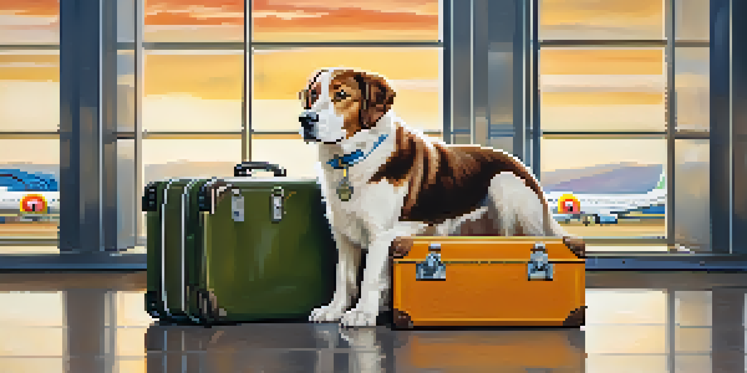 A happy dog looking out of a travel crate in an airport, with people and luggage in the background.