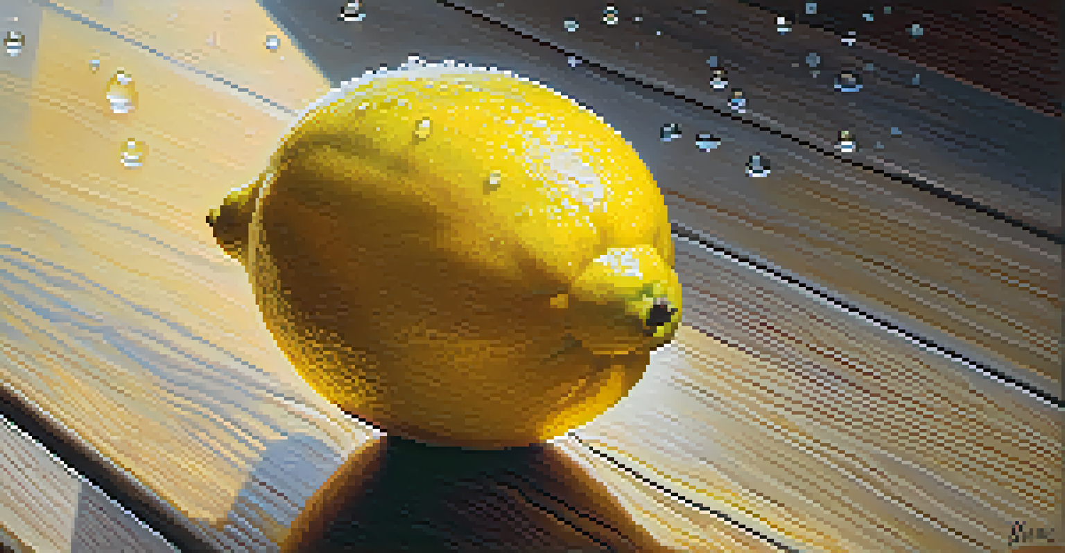 A close-up of a shiny lemon on a wooden table, with water droplets on its surface.