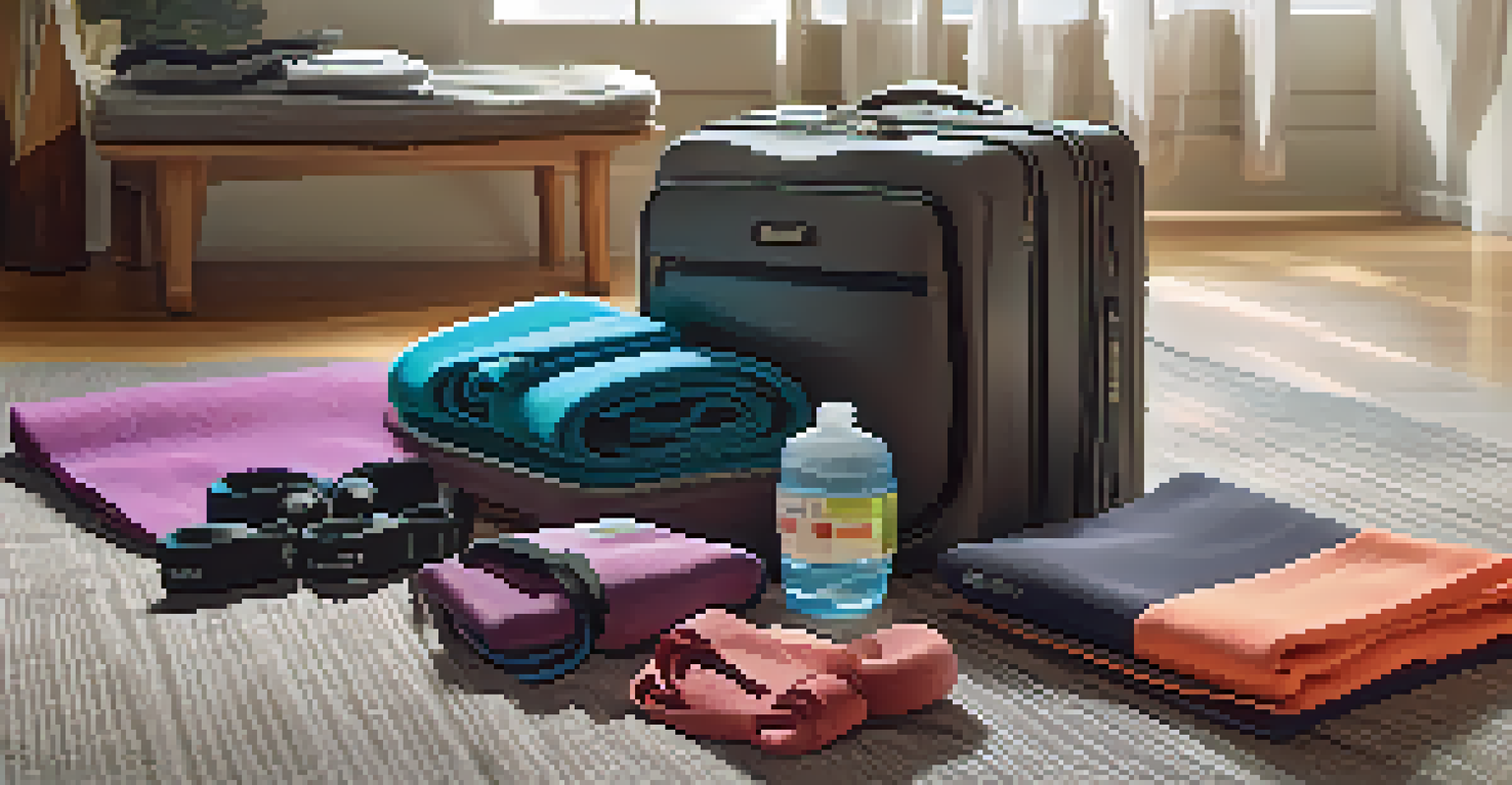 An open suitcase showing travel fitness gear like a yoga mat, resistance bands, and a water bottle.