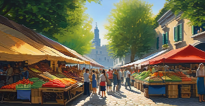 A busy market scene with colorful stalls, fresh produce, and people interacting, lit by warm sunlight.