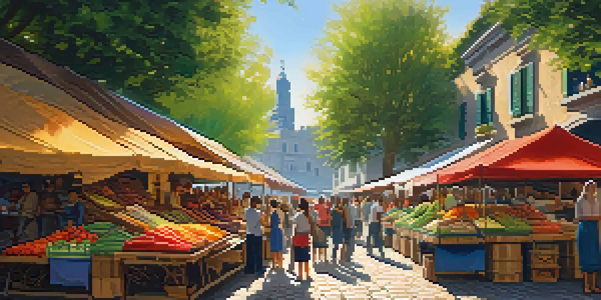 A busy market scene with colorful stalls, fresh produce, and people interacting, lit by warm sunlight.