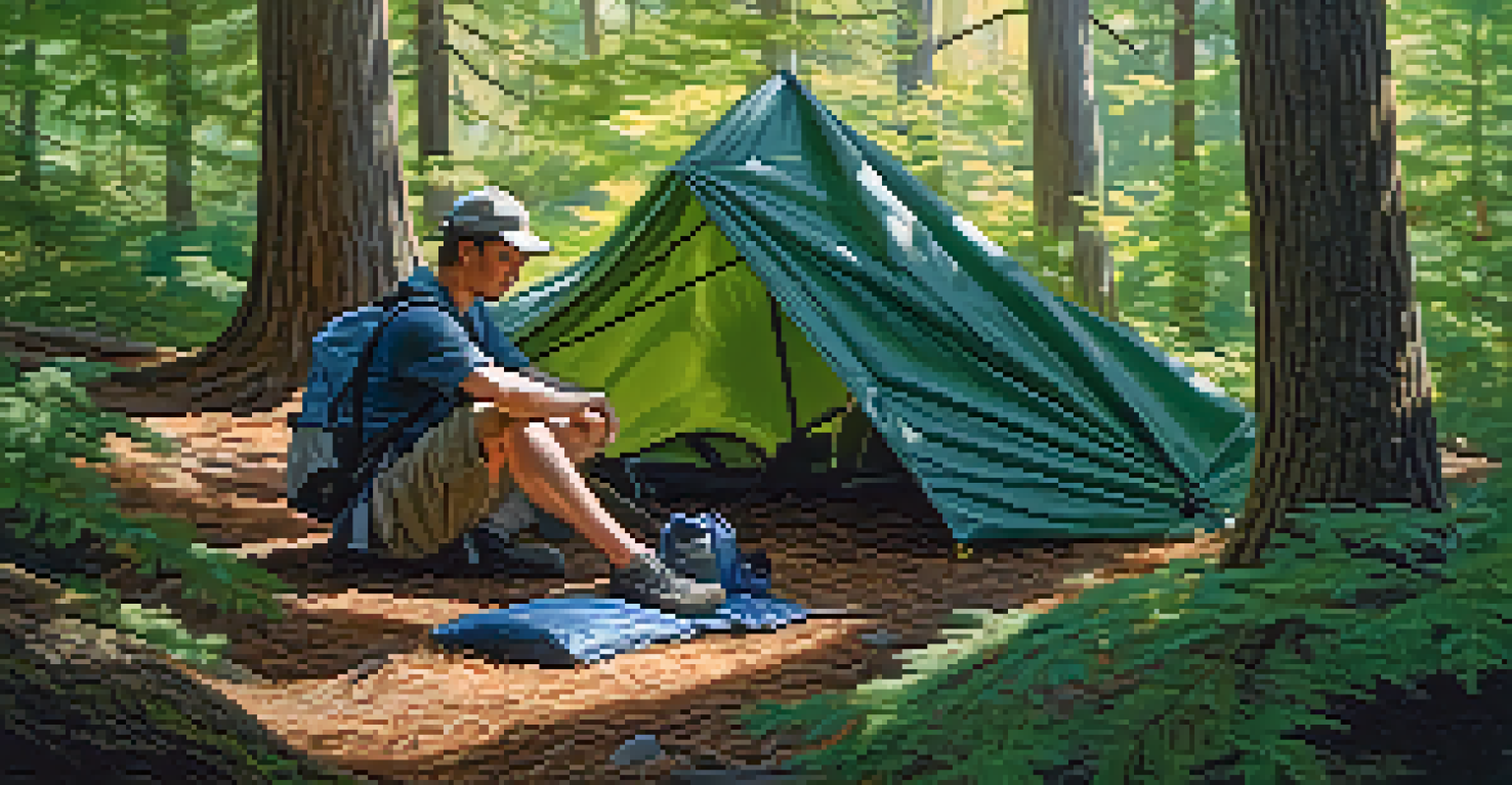 A traveler in hiking gear setting up a tarp and emergency bivvy bag in a forest clearing, surrounded by trees and sunlight filtering through leaves.
